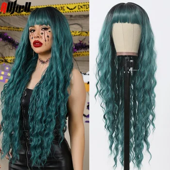 Curly Valovita sintetičkih duge Омбре Plavo-zelene perike Cosplay Lolita Božićno Frizura za žene Afro Duboko Valovita prave šiške Iznad kosu