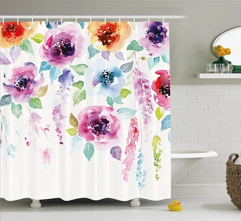 Sažetak zavjese za tuširanje Moderan dizajn, Акварельный dekor s cvjetnim lišćem, dogovor омбре, tkanina s umjetničkim po cijeloj površini, dekor kupatilo