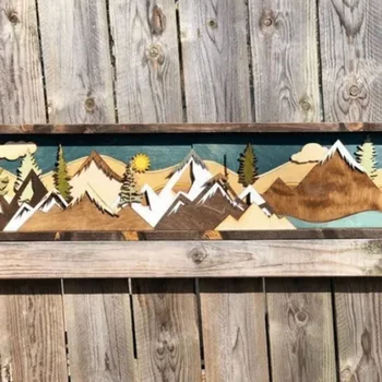 Wall Art S Pogledom Na Planine 3D Stereo Zalazak sunca I na Mjesečini Apstraktan Zid Umjetnost Drveni Pribor Za Ukrašavanje Zidova Kuće