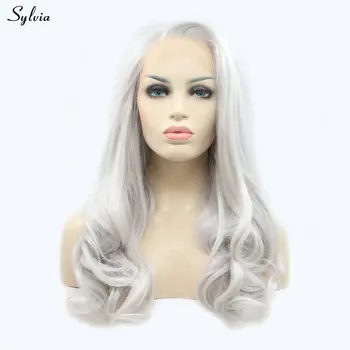 Srebrno-siva perika Sylvia Volumetrijske val, prirodne, duge kose, sintetičkih perika na кружеве za žene, Međusobno platinum/svijetlo siva perika za djevojčice