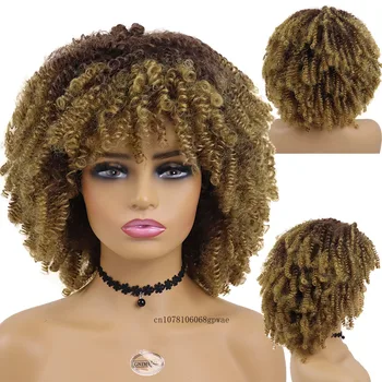 Kratki afro-curly perika za žene, svijetao perika Омбре s šiške, pravi krzneni elastična frizure, Afro periku, ženska cosplay-college