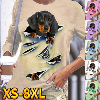Ženska t-shirt, casual majica s likom psa na vikend, t-shirt s 3D ispis, majica dugih rukava i okruglog izreza, osnovne veličine XS-8XL