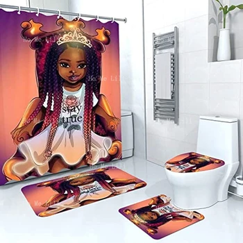 Postavlja zavjese za tuš u kupaonici za djevojčice u afričkom stilu, Crnci Djeca sjede na stolici Sa tepisima, poklopac wc, tepih za kupaonicu