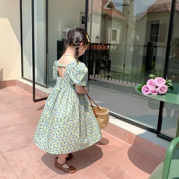 Haljina sa cvjetnim uzorkom za djevojčice 2023, Nove ljetne modne Korejskih stilova, svježe rukava s plikovima, svakodnevno je Jednostavno slatka haljina princeze