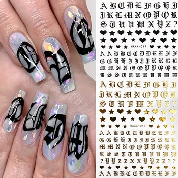 3D Naljepnica za nail art rimskog engleskim pismom, Holografski samoljepljive naljepnice za tetovaže na noktima, Ukras za manikuru sa zlatnim сердечком i slovom