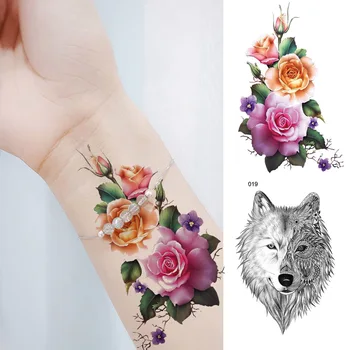 Privremena tetovaža Akvarel Žene Lotos Lažni tattoo Naljepnice Muškarci Crna Skica Šumski Vuk Prijevod vode DIY Tetovaža Cvijet Ruže