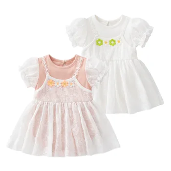 Ljetna haljina za djevojčice 2023 godine, pamučno čipkan haljina za novorođene djevojčice kratkih rukava, s cvjetnim mrljama, zamotan u odjeću za djevojčice