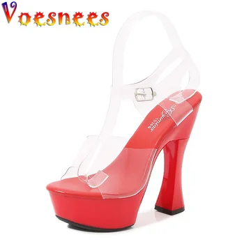 Prozirne sandale sa remenom i kopčom, Ljetne Nove Crvene Ukusan trendy cipele na platformu i visoku petu cipele, ženske cipele-čamaca za predstave na sceni noćnog kluba