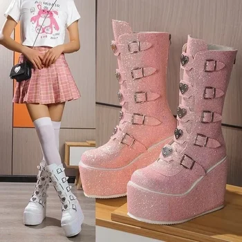 Ženske cipele u stilu punk sa šljokicama, ženske visoke čizme za косплея, Udobne čizme sa dugim rukavima, Pink Ženske cipele s platformom i visokom танкетке, Gotički cipele