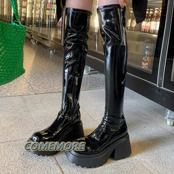 Ženske čizme od lakirane kože na debelo platformi, Jesenje ženske cipele s debelim petama u stilu punk, ženske crnci moto čizme munje 2022 godine