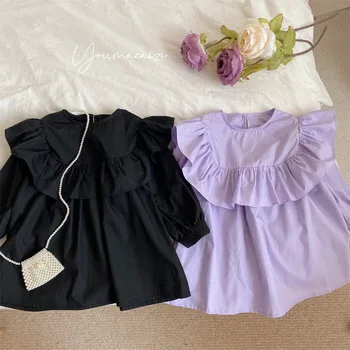 Dječja monotone haljina-košulja 2023, proljeće i jesen, Novi Korejski stil za djevojčice, veliki čipke ovratnik, Princeza, Temperament, slatka haljina