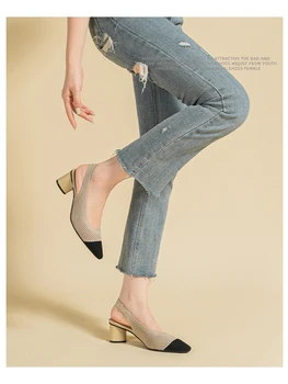 Trendy ženske sandale s šuplje remenom straga, s oštrim vrhom, sa sitnim urezima na debelim petama, čvrste cipele veličine