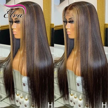 Perike od ljudske kose sa direktnim čipkastim ploče Elva Colored Hair Highlight HD Lace Frontal Perika od brazilske perike čipkom kopčom boje medenoj plavuša 4x4