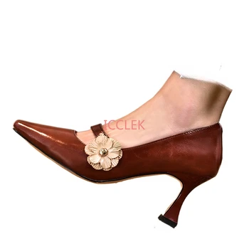 2023 Jesen Elegantne cipele-brod Mary Jane s cvijećem, Ženske cipele od umjetne kože na visokim petama, Žene večernje cipele na tankom petu s oštrim vrhom