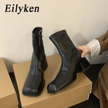 Eilyken, Nove trendy ženske čizme na niskoj kvadratni petu, proljeće-jesen, Kratke booties na munje, Dizajniranju ženske cipele