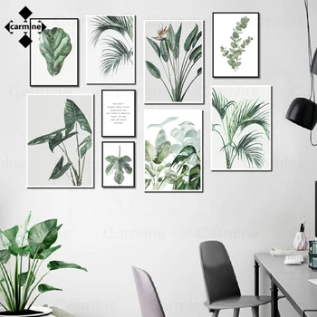 Zidno slikarstvo na platnu sa zelenom prirodom, plakata sa skandinavskim listovima biljaka i grafike s jednostavnim slovima za uređenje dnevnog boravka