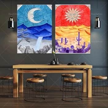 Tarot karta s crtežom Sunca i mjeseca u pustinji