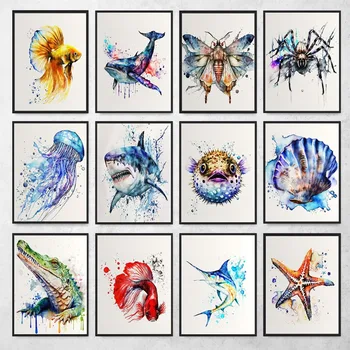 Sažetak akvarel, plakat s morskim životinjama, insektima, Ribama, Медузами, morskim zvijezdama, slika na platnu, moderna zid umjetnost za dnevni boravak, kućni dekor