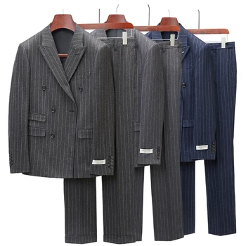 Двубортные odijela Za muškarce, siva, tamno plava boja, na pruge, Gospodski muško odijelo-dvojka, mušku njegu, najnoviji modeli kaput i hlače Q1137