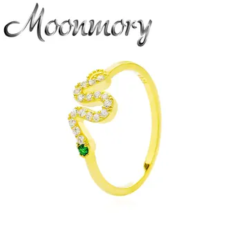 Moonmory 925 Sterling Srebra Modni Cirkon Zmija Zlatno Prstenje Za Žene Večernje Zeleni Kristal Životinja Žut Prsten Nakit Anillos