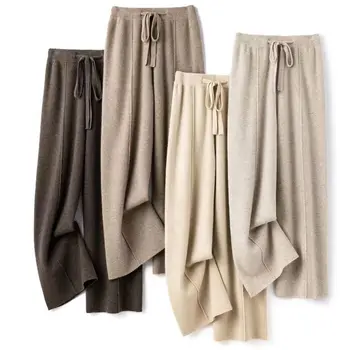 Pantalones de pierna ancha de lana para mujer, pantalones de trapeador de punto recto, sueltos e informales, ropa exterior, caíd