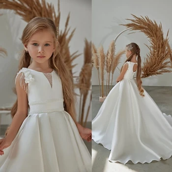 Jednostavna bijela vjenčanica u cvijetu za djevojčice, saten haljine trapeznog oblika s 3D bojama, izvezena perle, plisirane haljine za rođendan, haljina za prvu pričest