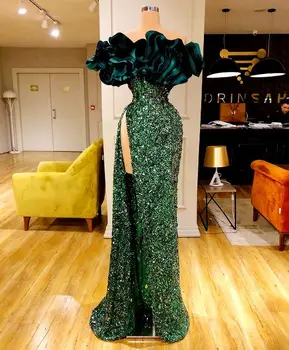 Smaragdno-zelena Sirena, večernje haljine s ruffles, bez naramenica, izvezena šljokicama, izvezena perle, seksi haljine za maturalne s prorezom.