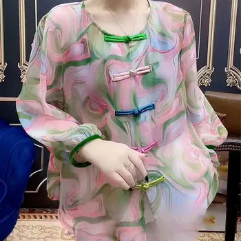 Vintage bluzu s pučkim po cijeloj površini, ženska odjeća za putovanje na posao, dugi rukav, Proljeće-jesen, casual moda majica okruglog izreza i kopča u kineskom stilu
