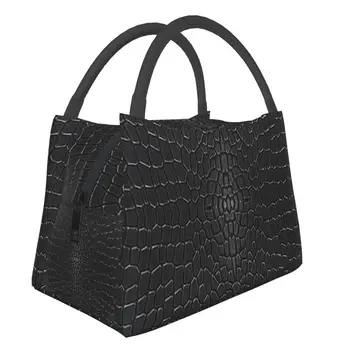 Crna ženska torba za ланча s 3D ispis od krokodilske kože, tekstura aligator, Međusobno термоохладитель Bento Box