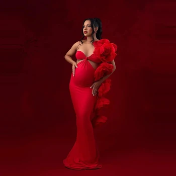 Sjajan crvena haljina sirena za trudnice za foto pucati s cvjetnim nabora, ogrtač za trudnice, dječji tuš, vjenčanica za fotografije