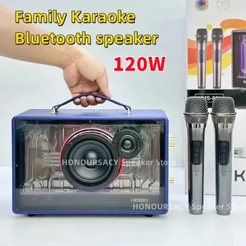 KIMISO Drveni zvučnik Bluetooth veliki kapacitet kapacitet od 120 W, bežični snažan bas, prijenosni zvučnici karaoke 360 s 2 mikrofona