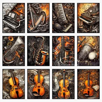 Serenada u steampunk stilu Vintage Violina Gitara Klavir Tisak plakata na platnu Zidni umjetničke slike za biblioteku Studio doma dekor