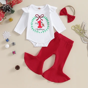 Setove božićnih hlače za djevojčice 0-18 mjeseci, 3 kom., crveni kombinezon dugih rukava i рюшами, hlače spaljene, setove повязок na glavu