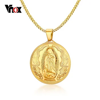 Vnox Ogrlica sa slikom Majke Božje, privjesak od nehrđajućeg čelika zlatnožute boje, kršćanske ukras visoke kvalitete