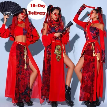 Odjeća za odrasle, сценические kostimi za ples Gogo, ženska odjeća za jazz nastupa u kineskom stilu, crvene blagdanski kostimi u stilu hip-hop