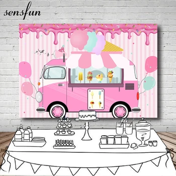 Baloni, Pink pozadina za autobus sa sladoledom za djevojčice, rođendana, zabava uz slastice i sluzi, pozadina za foto pucati u foto-studio